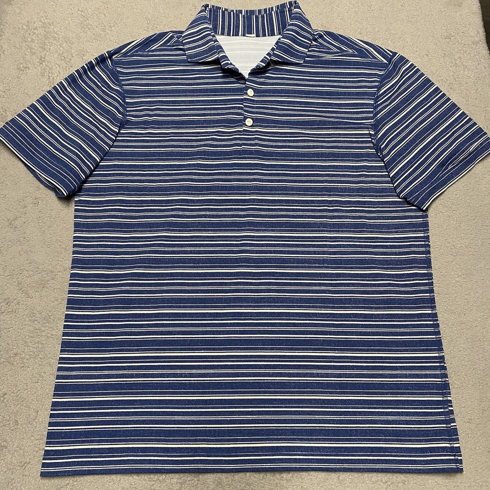 Lululemon Propel Polo Mens Large Blue White Stripe Performance Golf Soft Line